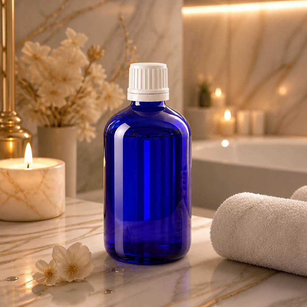 Flacone di vetro da 100 ml blu cobalto con tappo OV bianco da 11 mm su una superficie di marmo, accanto a candele e un asciugamano
