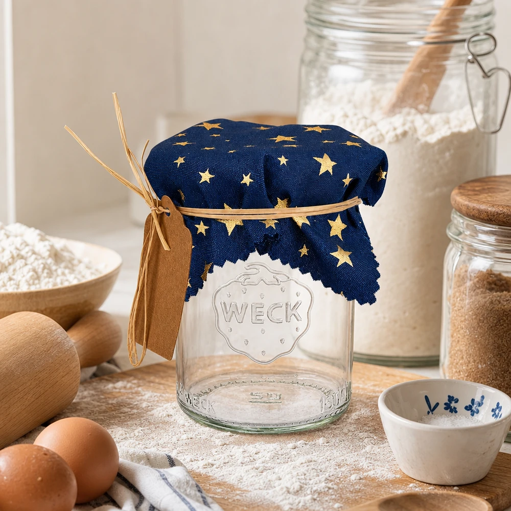Centrino blu a forma di stella di 12 cm su un barattolo da conserva vuoto in una cucina rustica con uova, farina e ingredienti per la cottura.