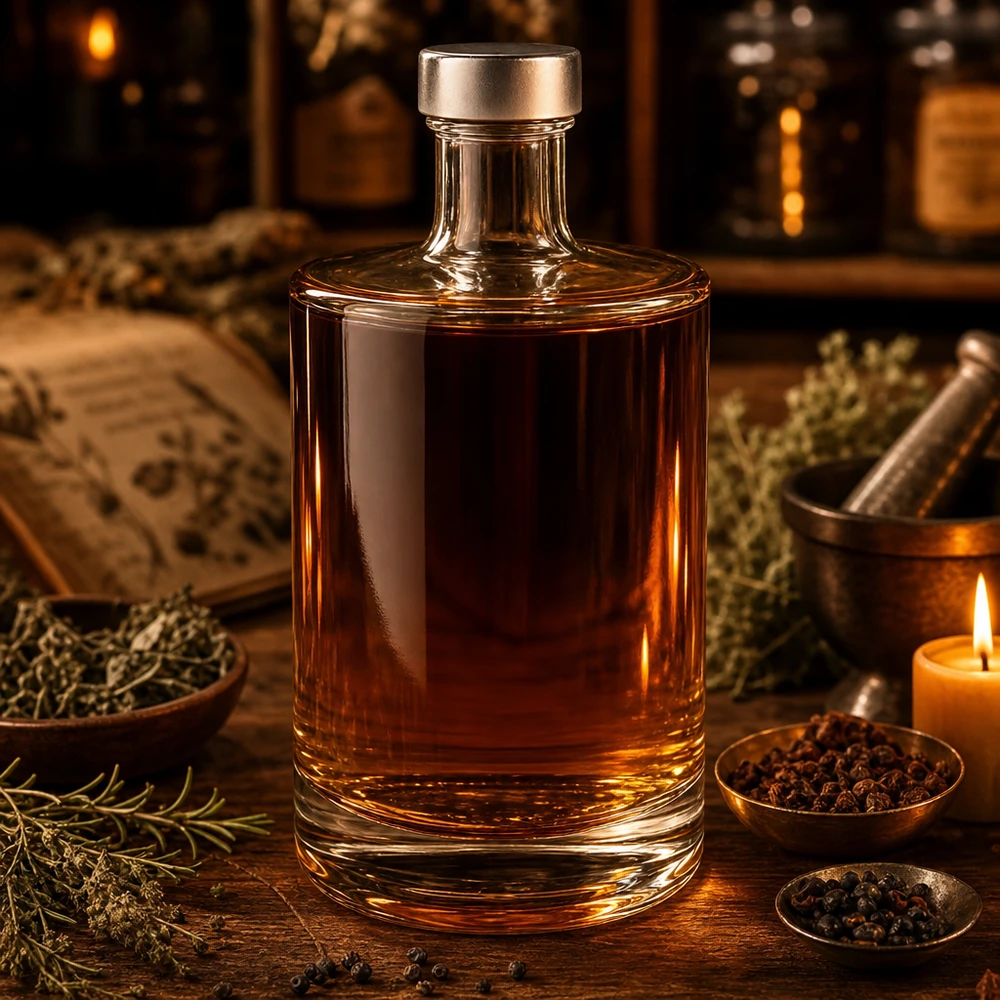 Bottiglia in vetro da 500 ml Sam con contenuto ambrato tra spezie ed erbe aromatiche ambiente apotecario