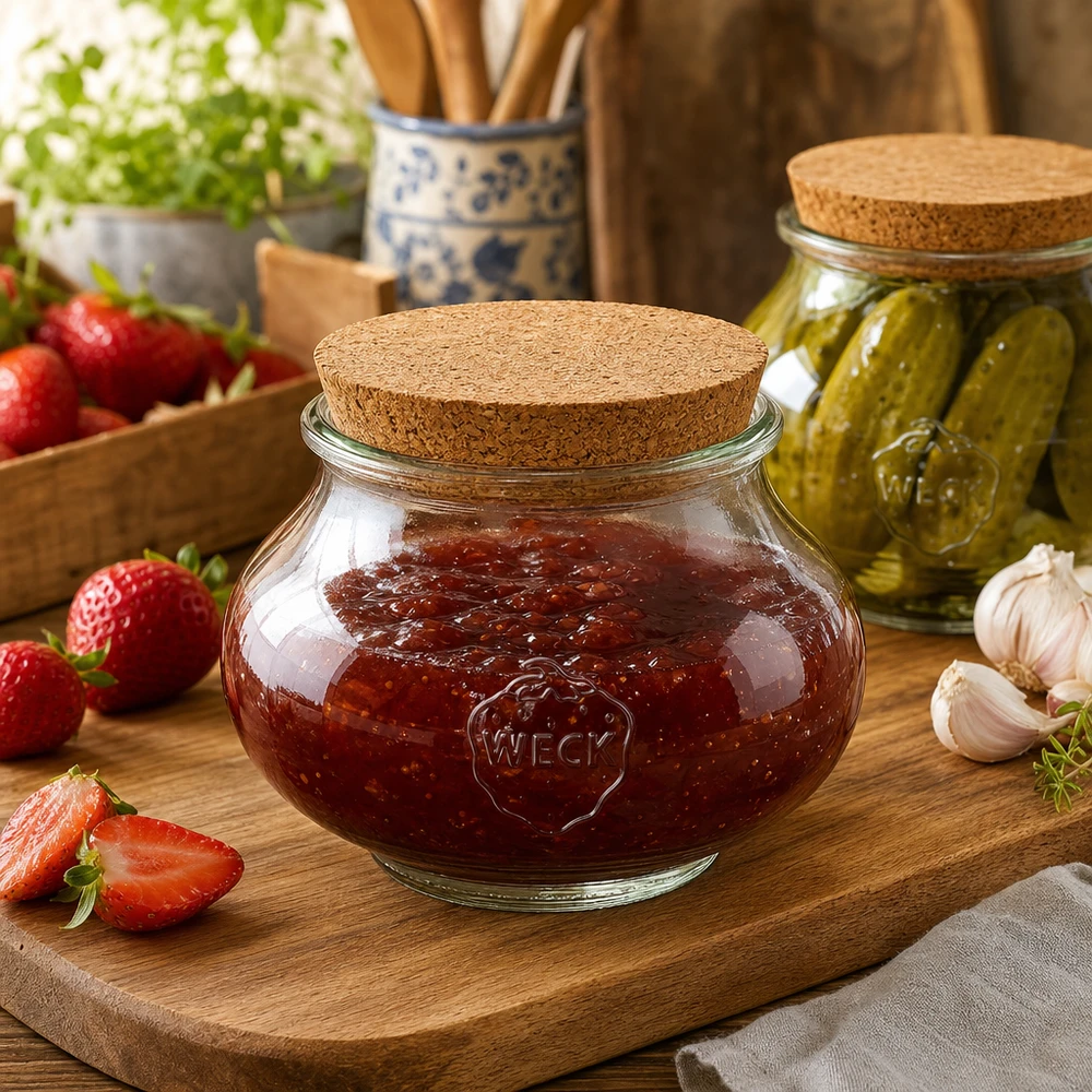Vaso per gioielli WECK RR80 da 560 ml con tappo in sughero naturale Barattolo WECK da 560 ml con coperchio in sughero nella cucina rustica, pieno di marmellata accanto a fragole e cetriolini