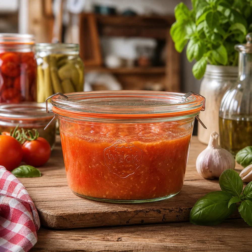WECK RR100 tumbler 370ml in cucina rustica riempito di salsa di pomodoro mostra l'uso pratico per la conservazione