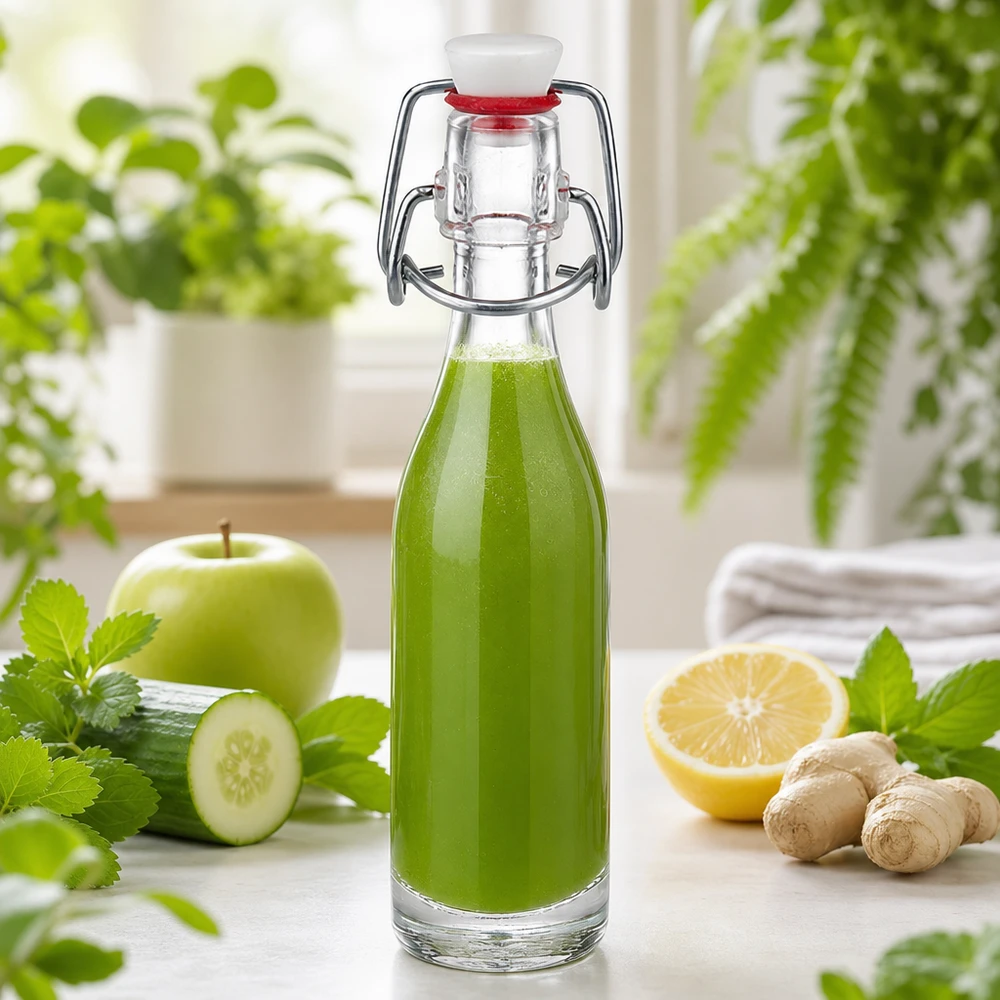 Bottiglia di vetro da 50 ml di UNiTWIST riempita di frullato verde con cetriolo, mela, zenzero e limone come bevanda salutare.