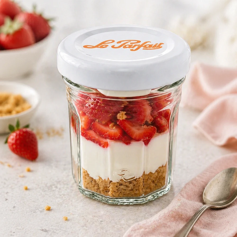 Mini tumbler Le Parfait da 44 ml come bicchiere da dessert con fragole, crema e base di biscotto - uso versatile