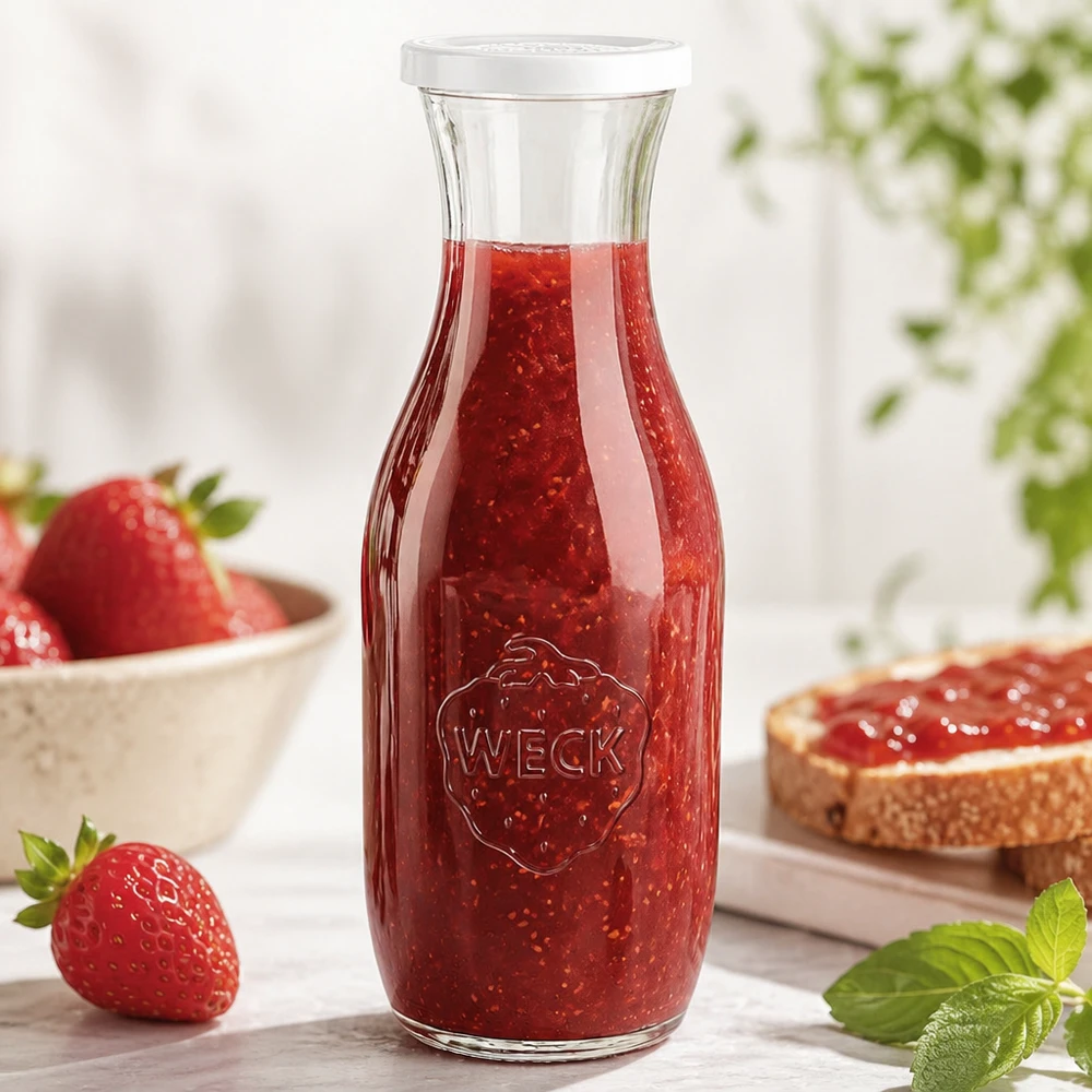 Bottiglia di vetro WECK da 1062 ml riempita di marmellata di fragole accanto a fragole fresche e pane spalmabile