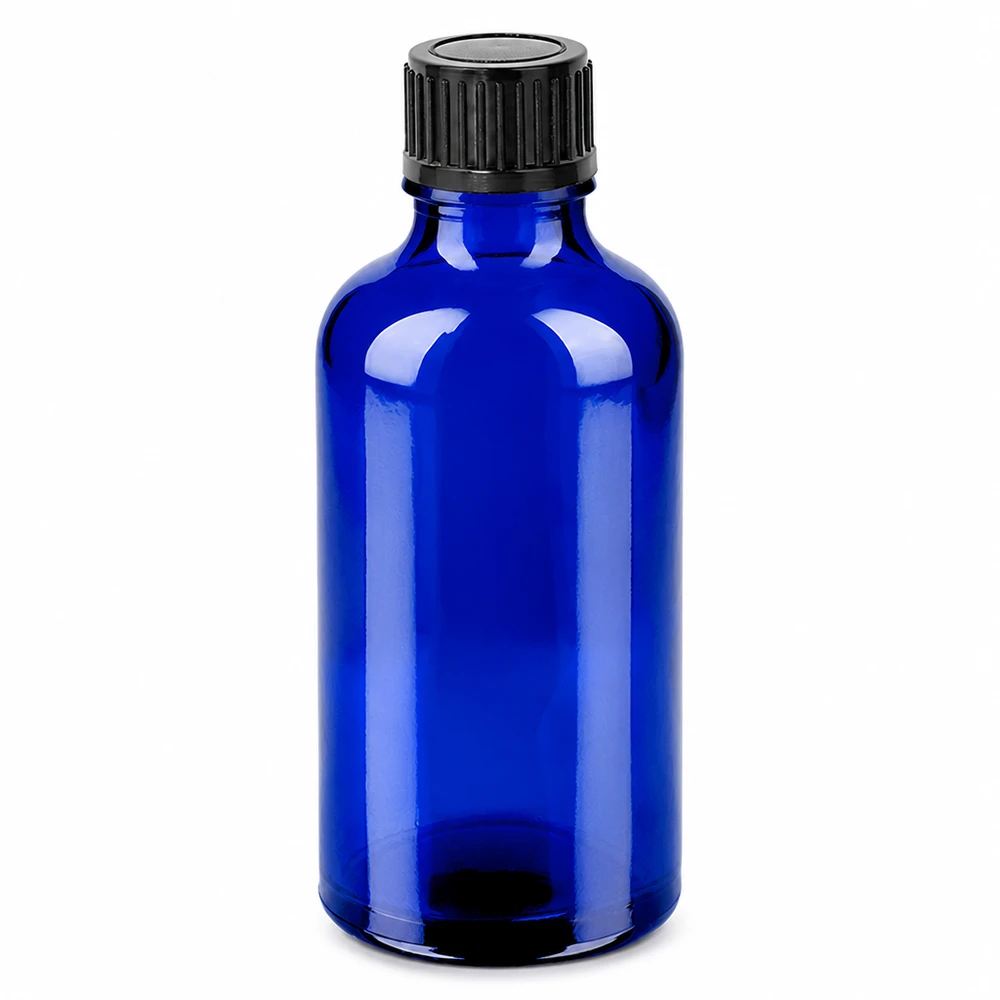 Bottiglia da 50ml 11mm SV nero STD BlueLine UT18/50 Bottiglia in vetro BlueLine da 50 ml Protezione UV blu cobalto con tappo a vite nero