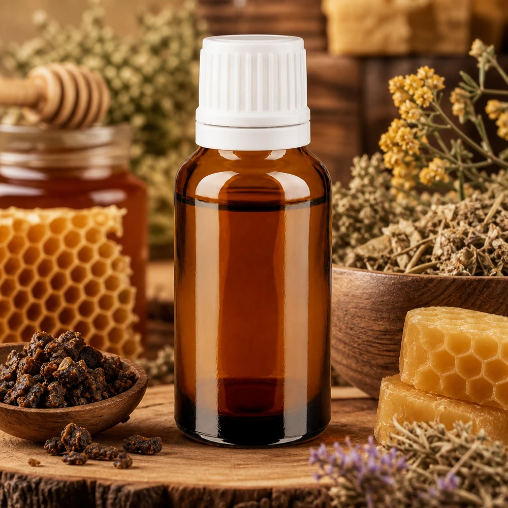 Flacone da 20 ml in vetro ambrato con tappo contagocce bianco, circondato da cera d'api, miele ed erbe aromatiche