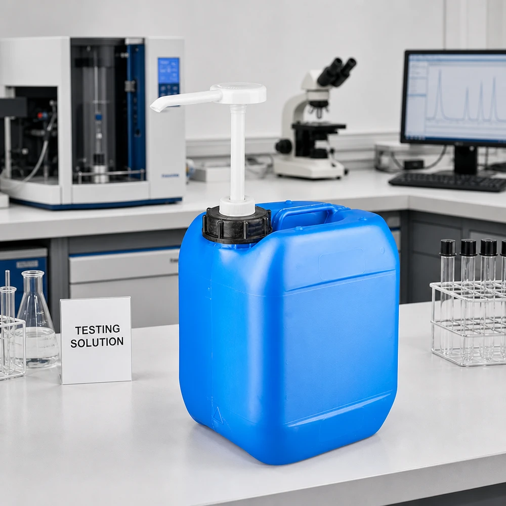 Tanica 5 litri blu con pompa dosatrice Tanica blu da 5 litri con pompa dosatrice accanto a un matraccio di Erlenmeyer e a provette in laboratorio
