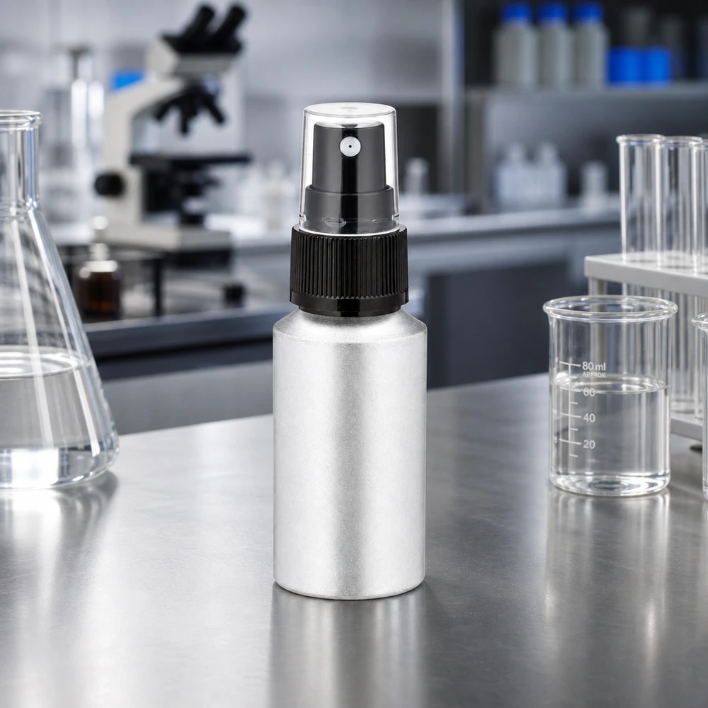Flacone in alluminio riciclabile da 30 ml con attacco a spruzzo, perfetto per una produzione cosmetica attenta all'ambiente