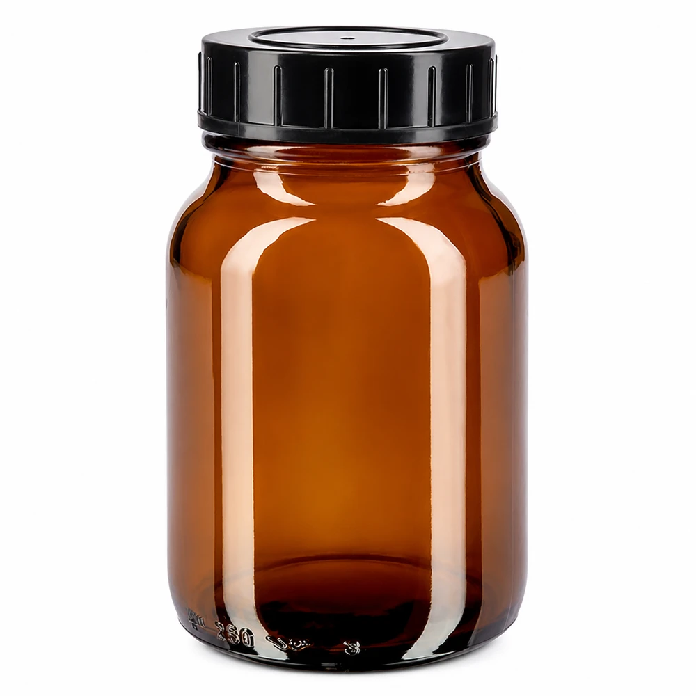 Bottiglia a collo largo da 250 ml in vetro ambrato con tappo a vite Bottiglia da 250 ml in vetro ambrato a collo largo con tappo a vite nero per una conservazione sicura