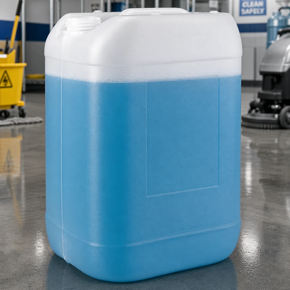 Tanica 25 litri senza tappo Tanica blu da 25 litri senza tappo contenente liquido detergente blu in un capannone industriale