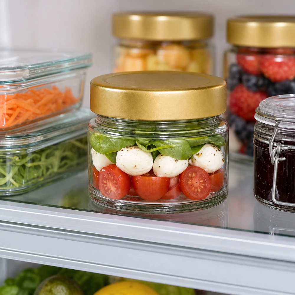Barattolo rotondo da 80 ml con coperchio BasicSeal oro profondo UNiTWIST. Caprese-Salat im 80ml Rundglas mit goldenem Deckel im Kühlschrank - praktische Aufbewahrung für Meal Prep