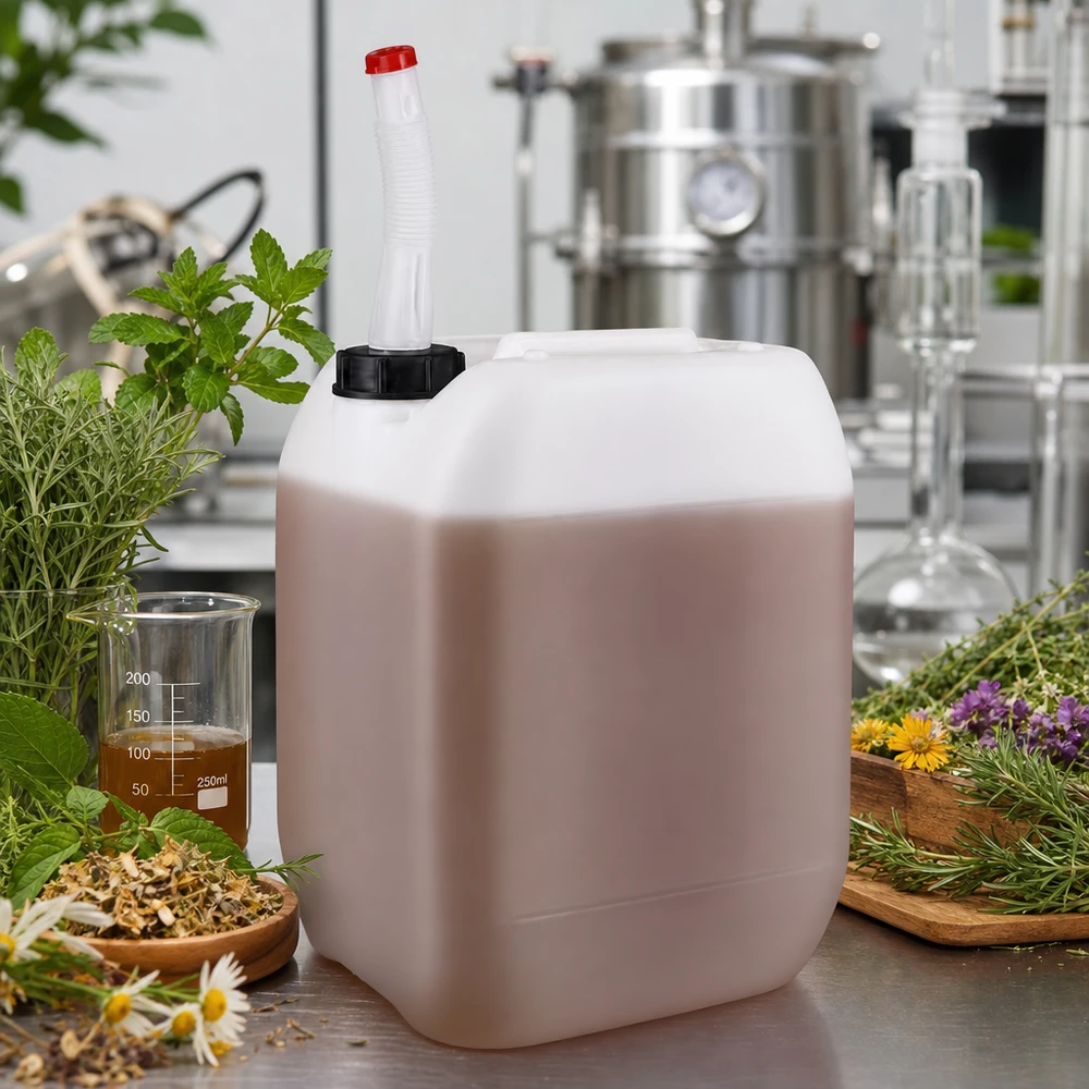 Tanica da 10 litri con tubo di uscita flessibile Confezionamento di estratti di erbe in taniche da 10 litri con tubo di erogazione flessibile nella produzione di cosmetici naturali