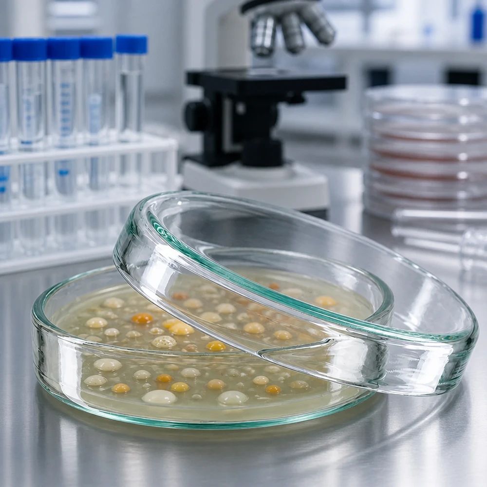 Piastra Petri 60x15 in vetro Petrari di vetro aperti da 60x15 mm con colture batteriche su agar in laboratorio