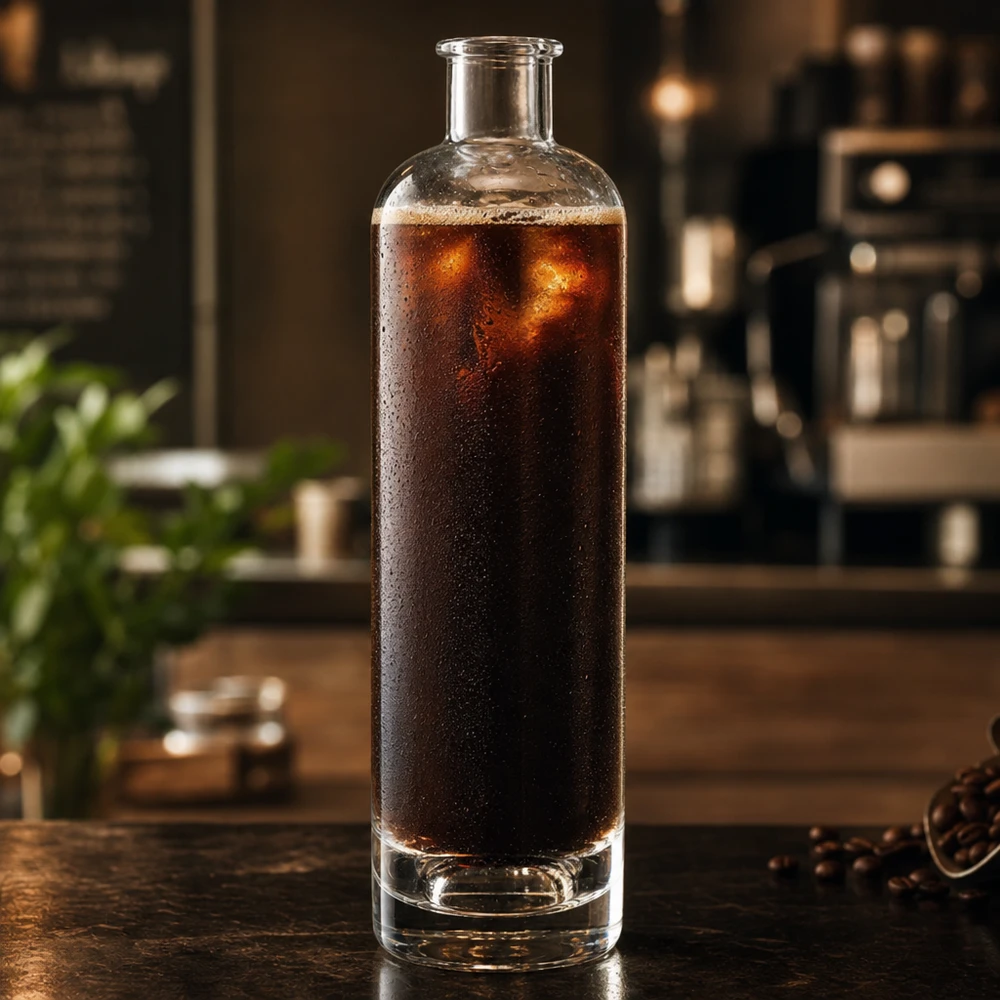 Bottiglia in vetro da 500 ml Ella senza tappo UNiTWIST® Bottiglia di vetro da 500 ml Ella riempita di caffè freddo in cucina di forma cilindrica senza tappo Esempio di applicazione UNiTWIST
