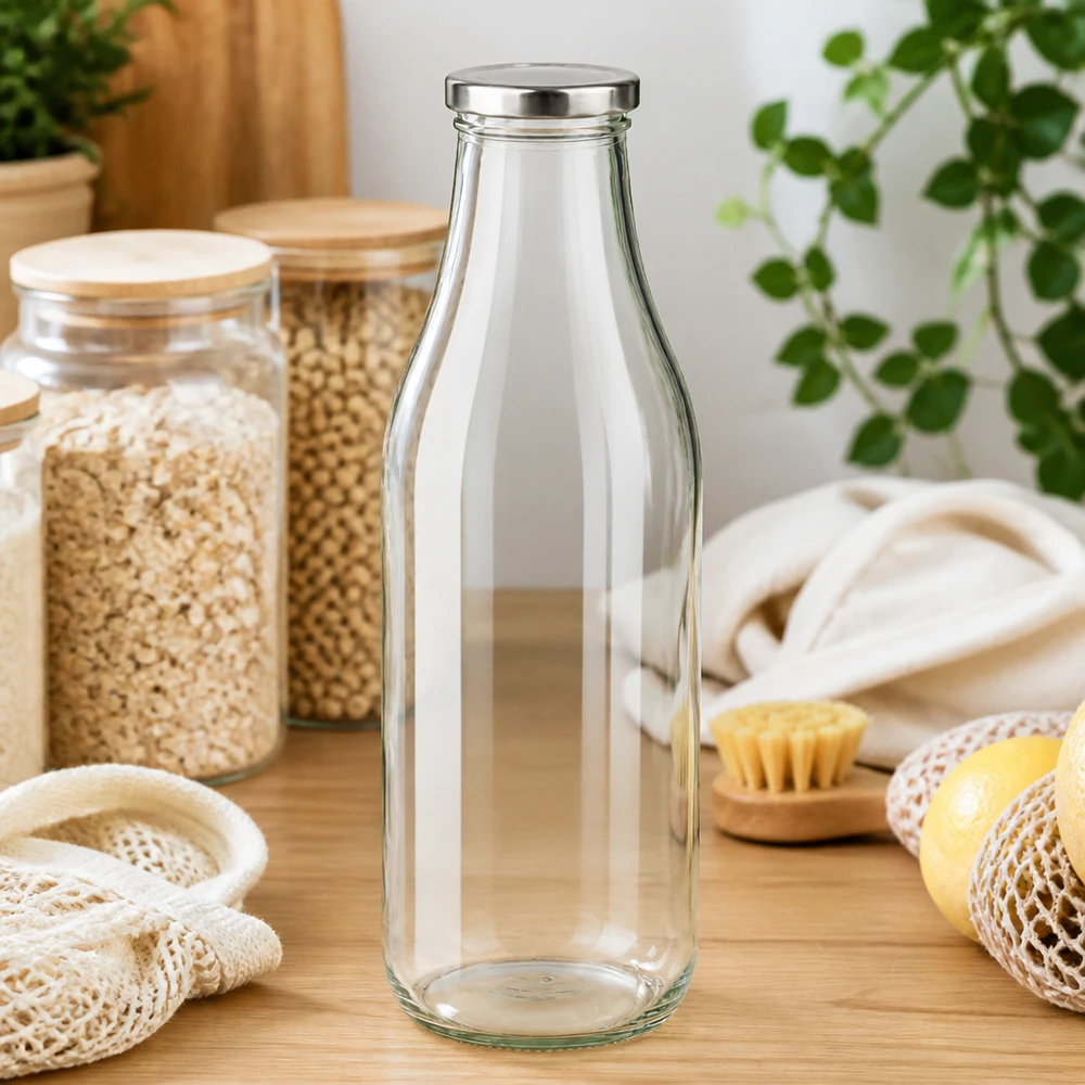 Bottiglia in vetro argentato BasicSeal da 1000 ml su un tavolo di legno con accessori da cucina e piante sostenibili Stile di vita a rifiuti zero