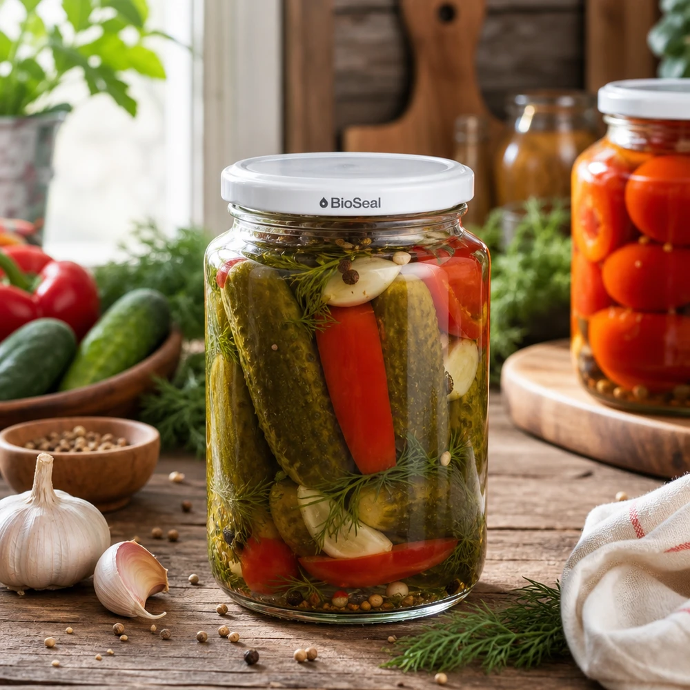 UNiTWIST Runda382 con coperchio bianco TO66 BioSeal UNiTWIST Runda382 Einmachglas in rustikaler Küchenszene - Mixed Pickles mit Dill und Paprika in BioSeal Glas
