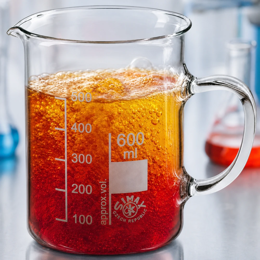 Becher da 600 ml con manico, pieno di un liquido schiumoso di colore rosso-arancio, in laboratorio