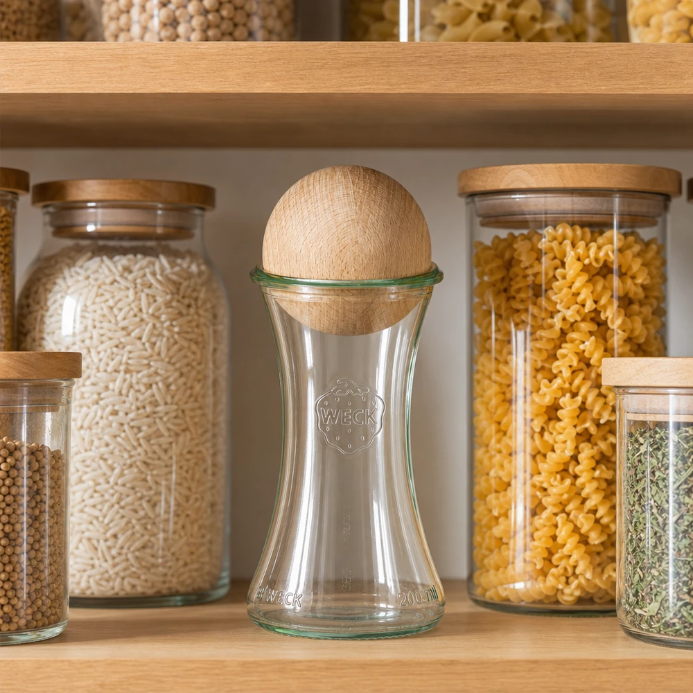 Vaso WECK 200ml RR60 con coperchio a sfera in legno sul ripiano di conservazione tra i vasi pieni di pasta e riso