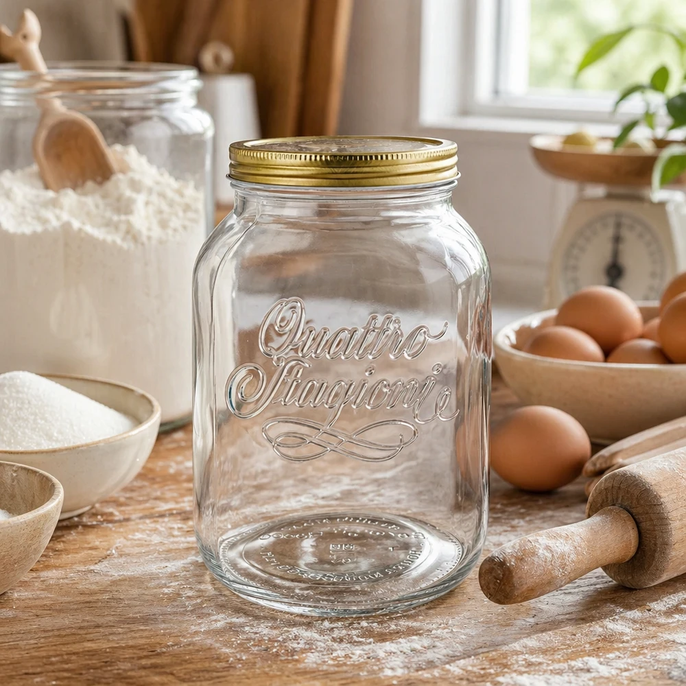 Vaso rotondo "Quattro Stagioni" da 3000 ml con coperchio Quattro Stagioni 3000ml barattolo in vetro in cucina con ingredienti da forno farina uova e mattarello per la conservazione