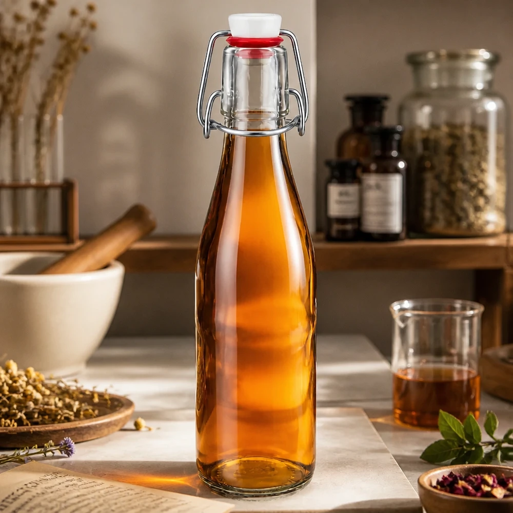 Bottiglia di vetro da 250 ml con tappo oscillante riempita di liquido ambrato in cucina rustica con spezie
