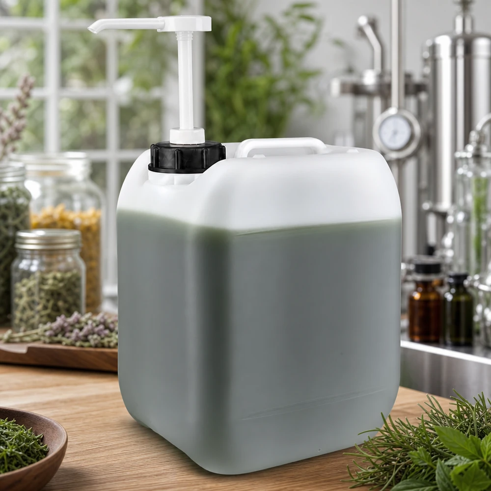 Tanica da 5 litri con pompa dosatrice Tanica da 5 litri di colore grigio chiaro con erogatore a pompa su una superficie in legno, circondata da erbe aromatiche fresche