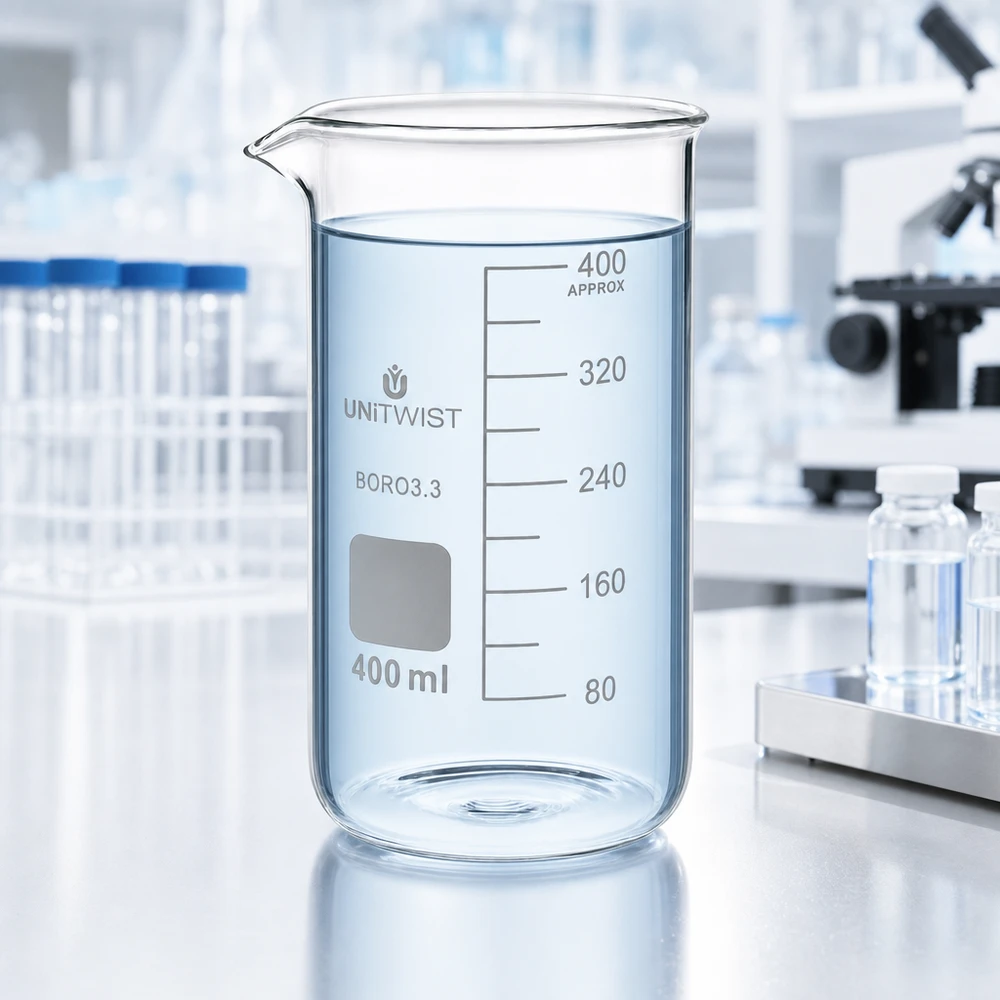 Bicchiere da laboratorio da 400 ml, forma alta, con beccuccio e graduazione bianca su vetro borosilicato 3.3 UNITWIST