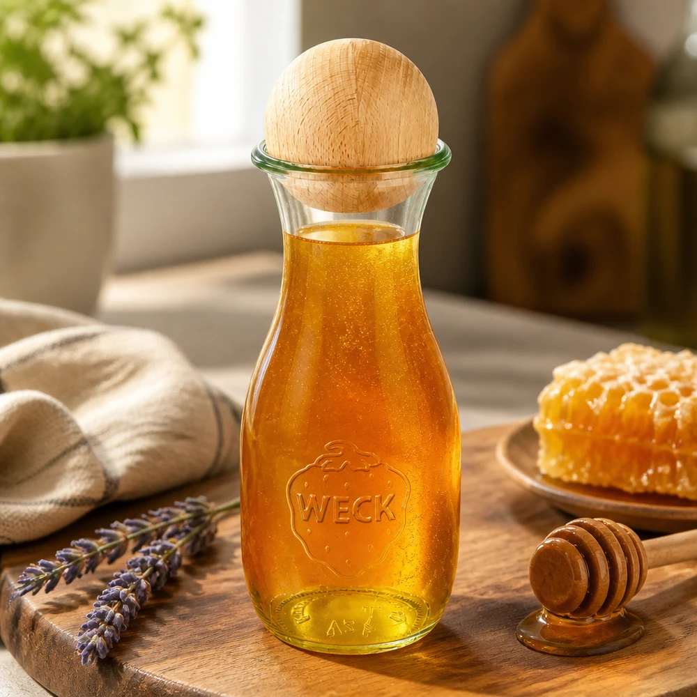 Bottiglia in vetro WECK da 530 ml riempita di miele e sfera in legno di faggio su tavola di legno decorata con nido d'ape e lavanda