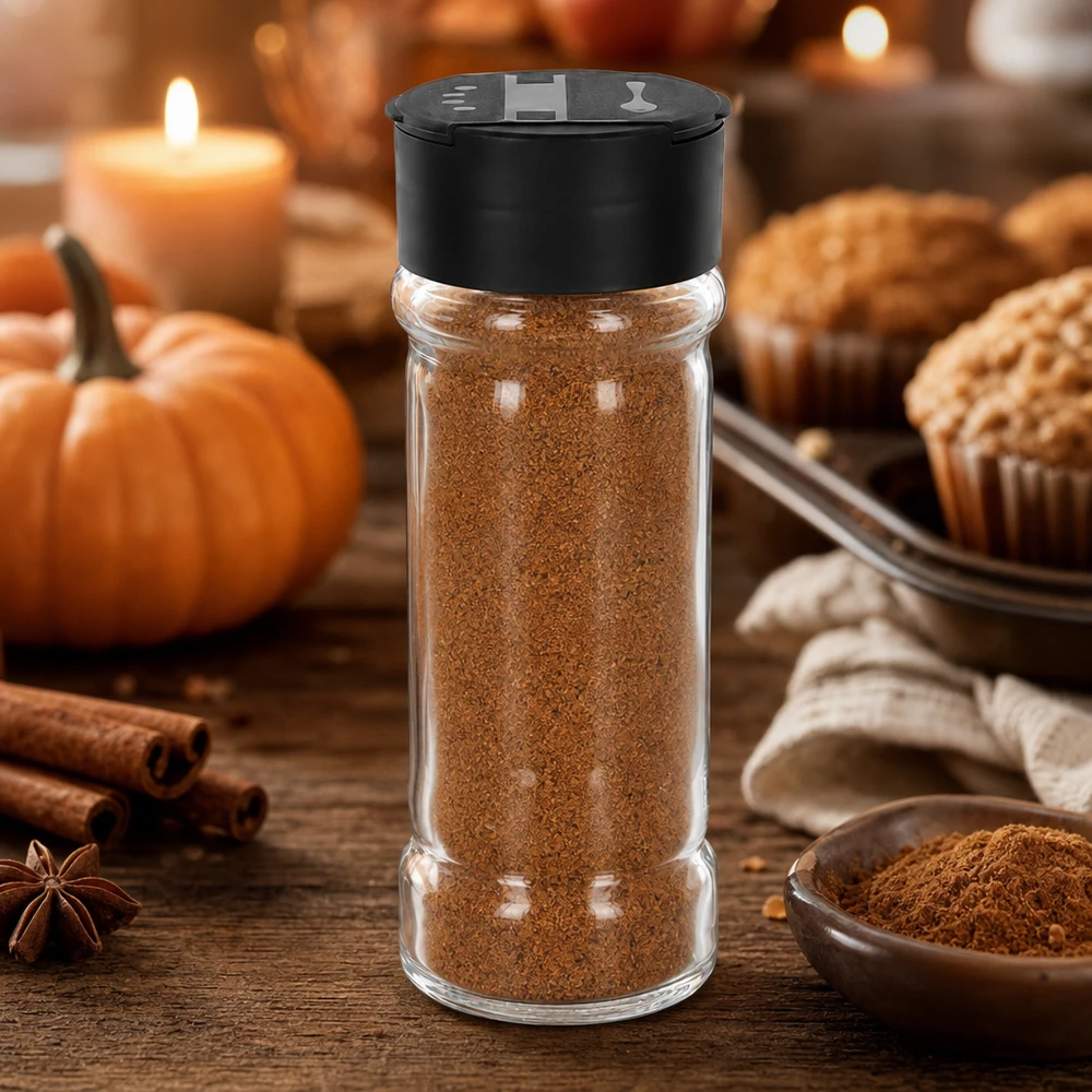 Barattolo per sale e spezie da 100 ml con doppio dosatore, nero Barattolo per spezie da 100 ml riempito con cannella in polvere e spargitore doppio nero accanto a una decorazione autunnale