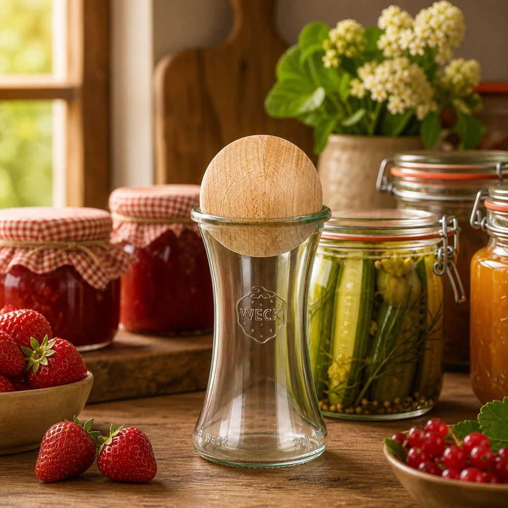 Vaso WECK 200ml RR60 in cucina rustica con barattoli da conserva, fragole e marmellata come decorazione