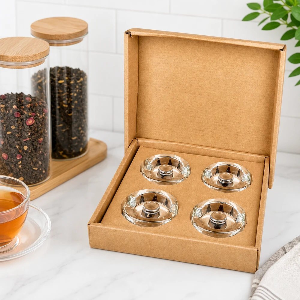 Pesi in vetro per fermentazione con manico set di 4 UNiTWIST Set di 4 pesi per barattoli da fermentazione UNiTWIST in scatola di cartone accanto a barattoli da tè in vetro e barattoli per spezie con coperchi in legno