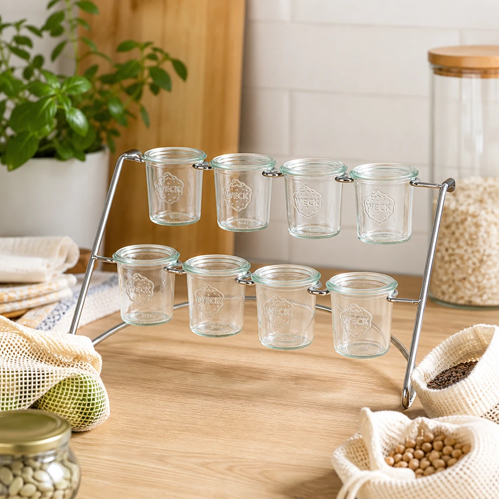 Portabicchieri Flato8 per 8 bicchieri WECK Flato8 portavivande con bicchieri vuoti WECK in un ambiente di cucina naturale con prodotti biologici e sostenibilità