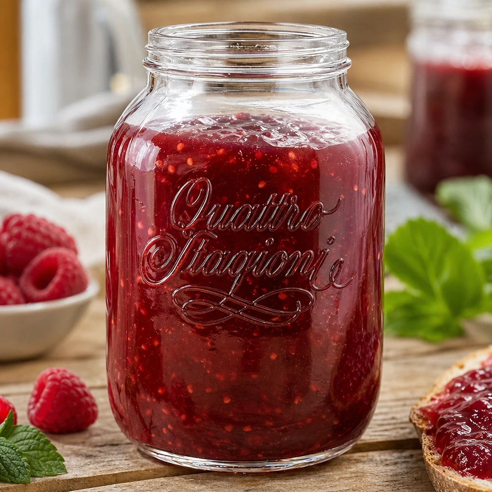 Vasetto casalingo Quattro Stagioni da 3000 ml pieno di marmellata rossa accanto a fragole fresche su un tavolo di legno