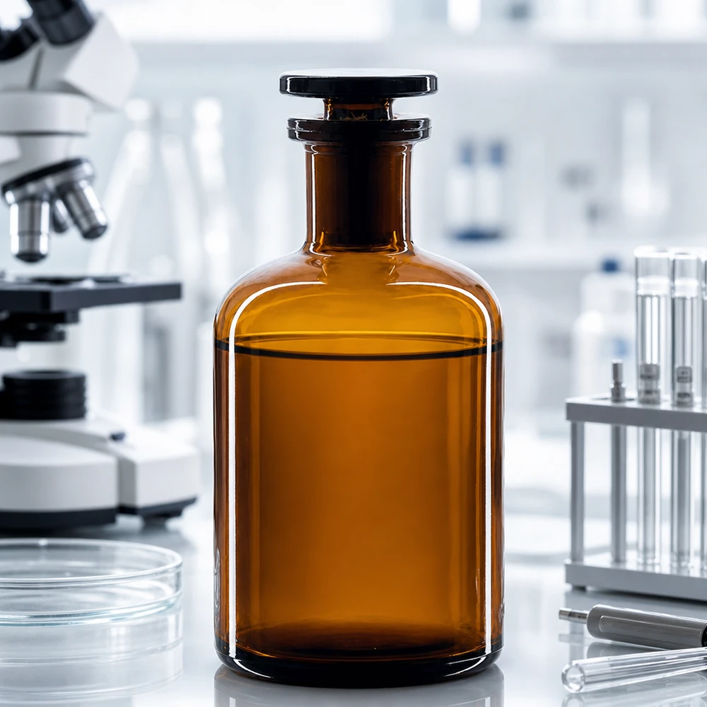 Bottiglia a spalla tonda 100ml marrone collo stretto tappo in vetro Bottiglia a spalla arrotondata da 100 ml, marrone, a collo stretto, con tappo di vetro, in un moderno laboratorio dotato di microscopio