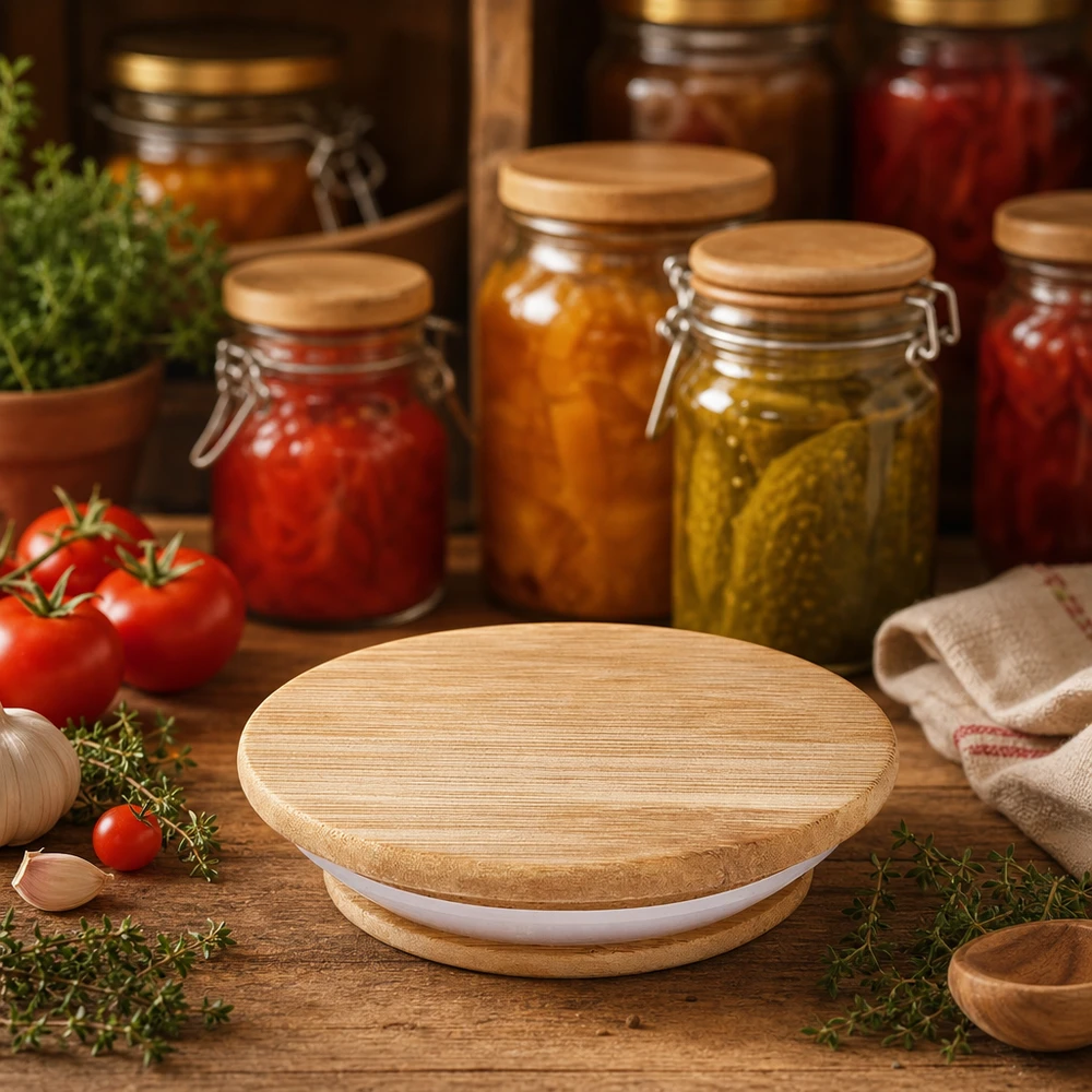 Coperchio in legno WECK RR80 in cucina rustica con barattoli per la conservazione di pomodori cetrioli ed erbe fresche scena lifestyle
