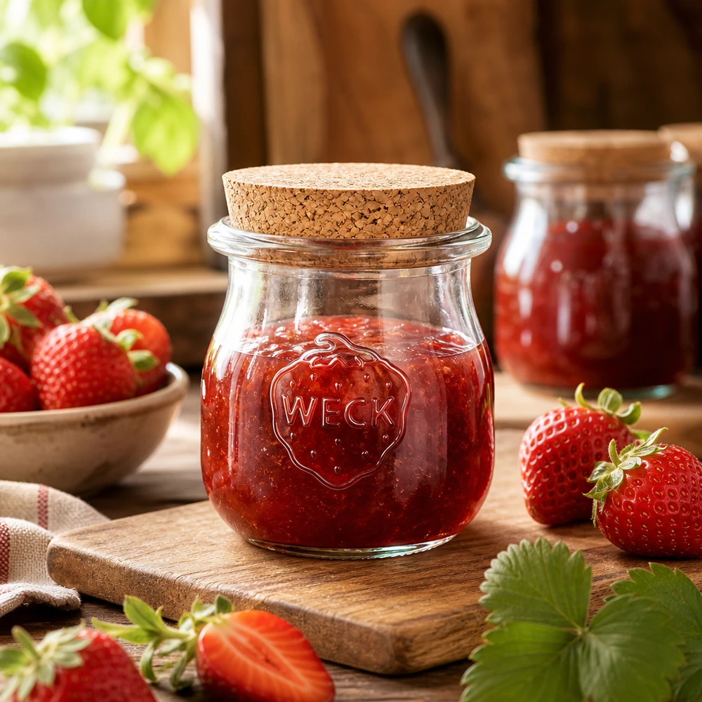WECK vaso a tulipano 75ml con tappo di sughero riempito di marmellata di fragole su tavola di legno circondata da fragole fresche Scena di cucina