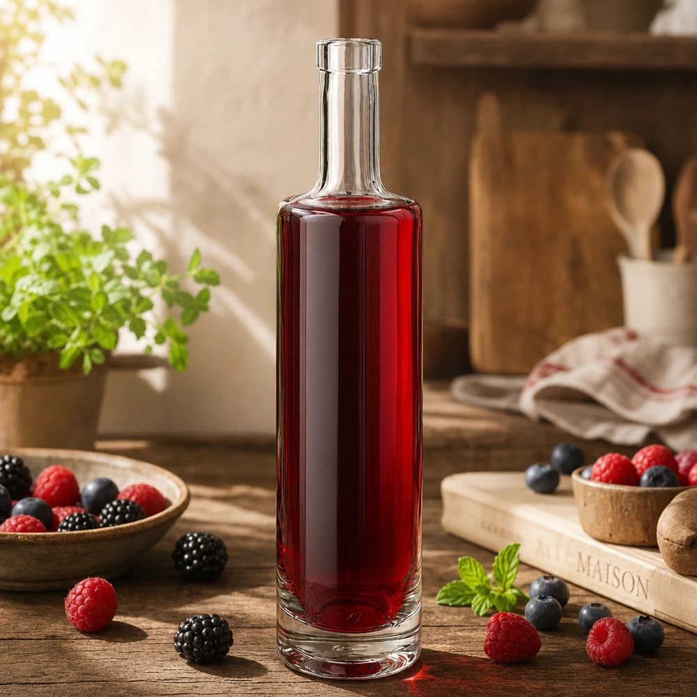 Bottiglia in vetro da 500 ml Lina senza tappo UNiTWIST® 500ml Glasflasche Lina mit rotem Beerensaft in rustikaler Küche umgeben von frischen Beeren und Holzaccessoires