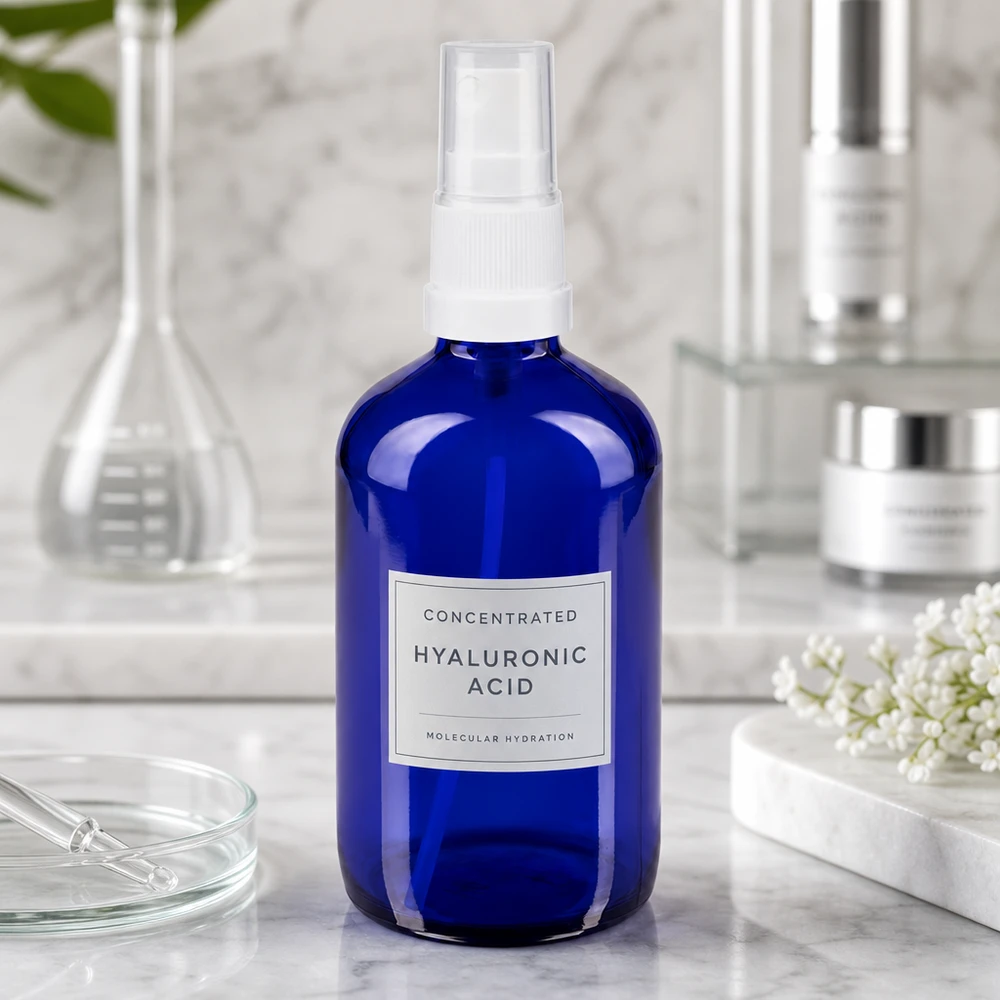 Flacone spray blu 100ml STD bianco/trasp. apoGlas Flacone spray STD blu da 100 ml con erogatore bianco, contenente siero all’acido ialuronico su sfondo marmorizzato