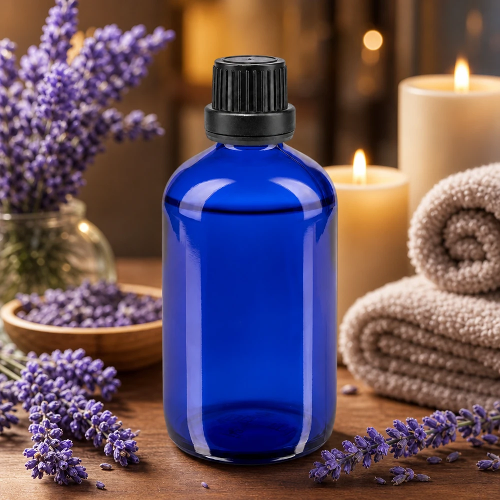 Bottiglia da farmacia blu da 100 ml. SV OV nero/11mm ApoGlas Flacone di vetro blu da 100 ml con tappo di sicurezza nero per oli essenziali