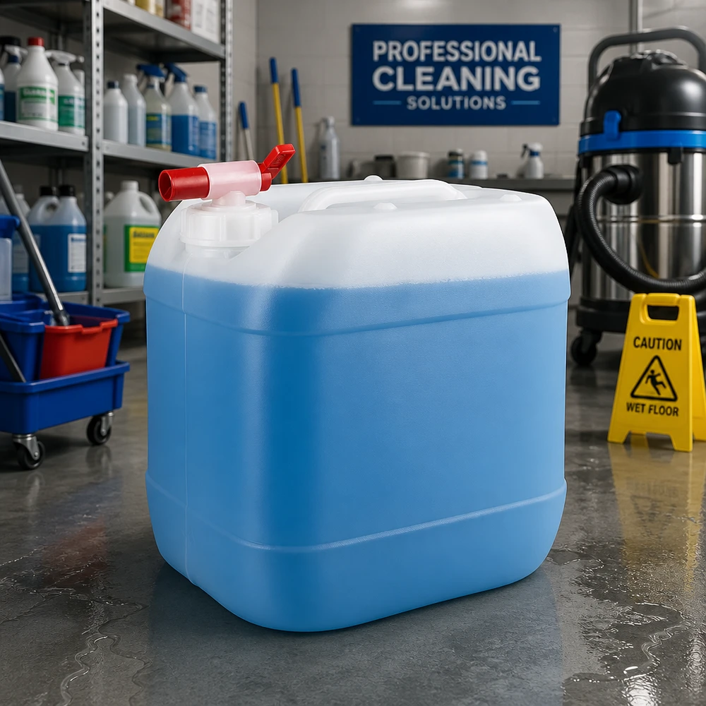 Tanica da 15 litri con rubinetto di scarico Tanica blu da 15 litri con rubinetto rosso in un ambiente di stoccaggio professionale per detergenti