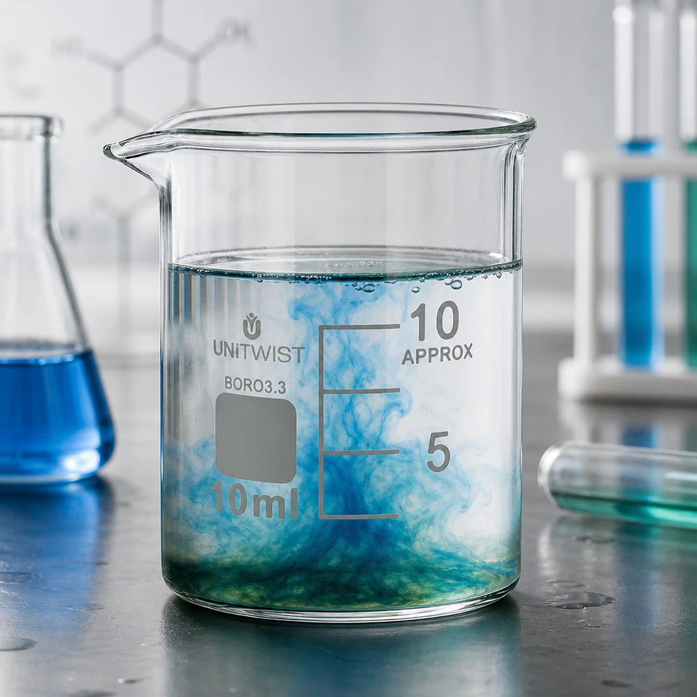 UNiTWIST Boccetta in vetro borosilicato 3.3 da 10 ml, forma bassa, con reazione blu-verde in laboratorio