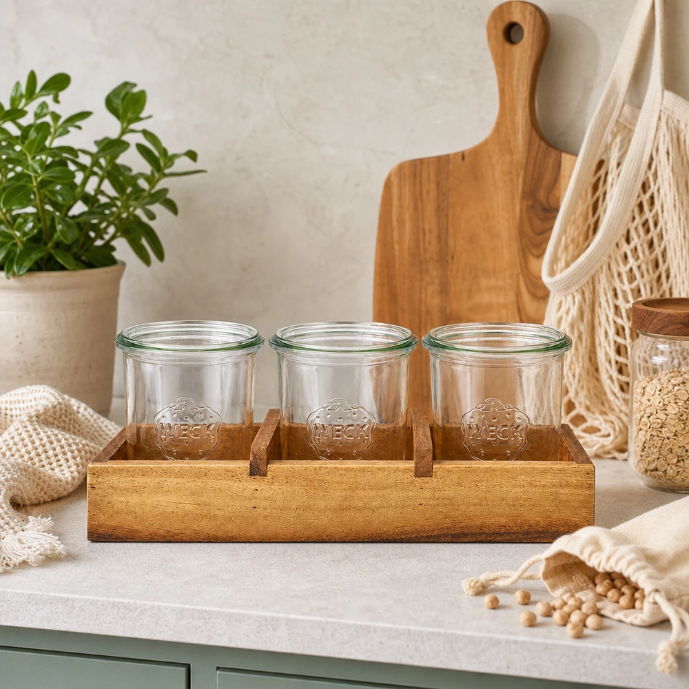 Tavola di servizio Box3 in legno di acacia tre vasi vuoti WECK scena di cucina con pianta tagliere vasi di stoccaggio naturale