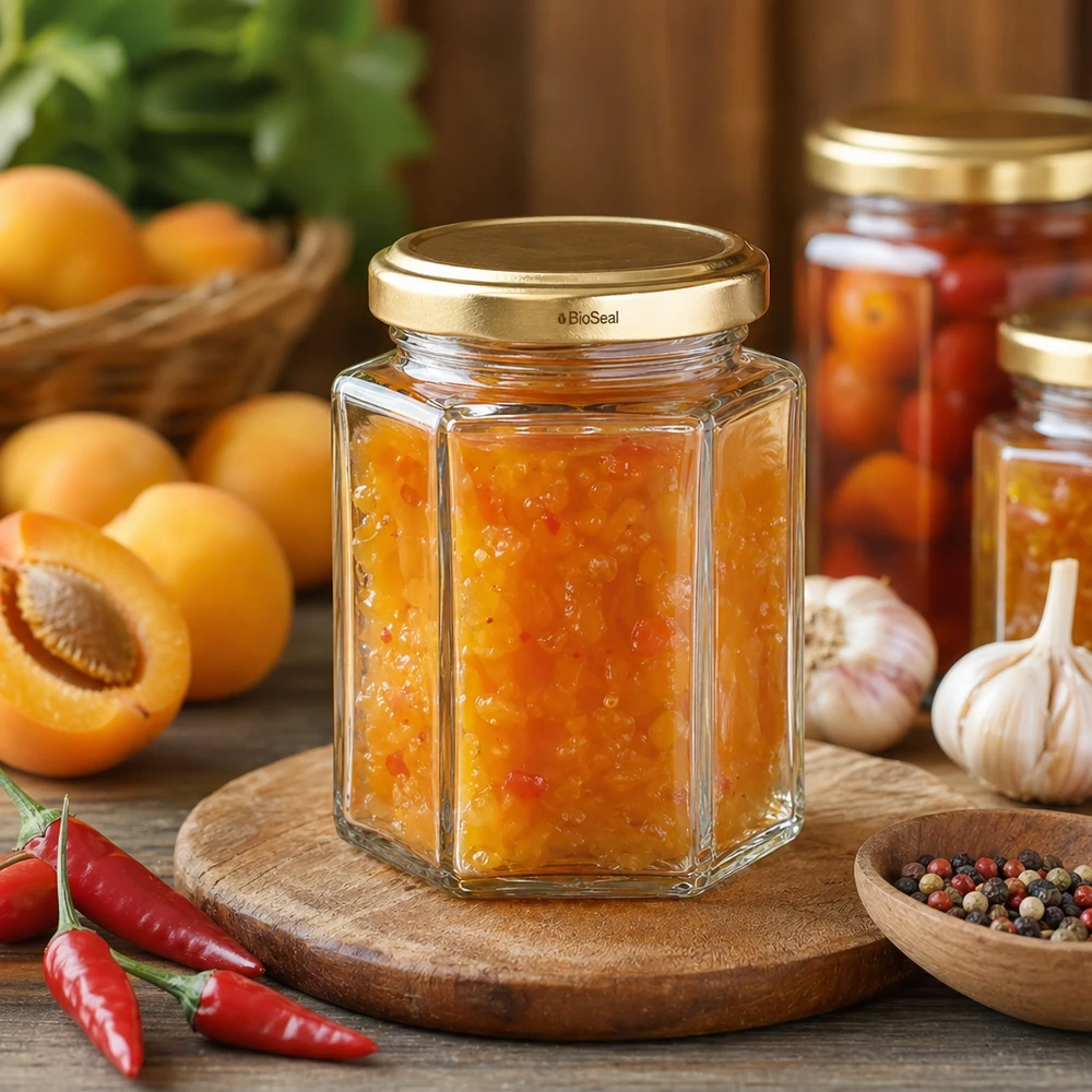 UNiTWIST Hexa196 con coperchio dorato TO58 BioSeal Barattolo di marmellata UNiTWIST Hexa196 con coperchio dorato TO58 BioSeal riempito di marmellata di albicocche accanto a peperoncino e albicocca