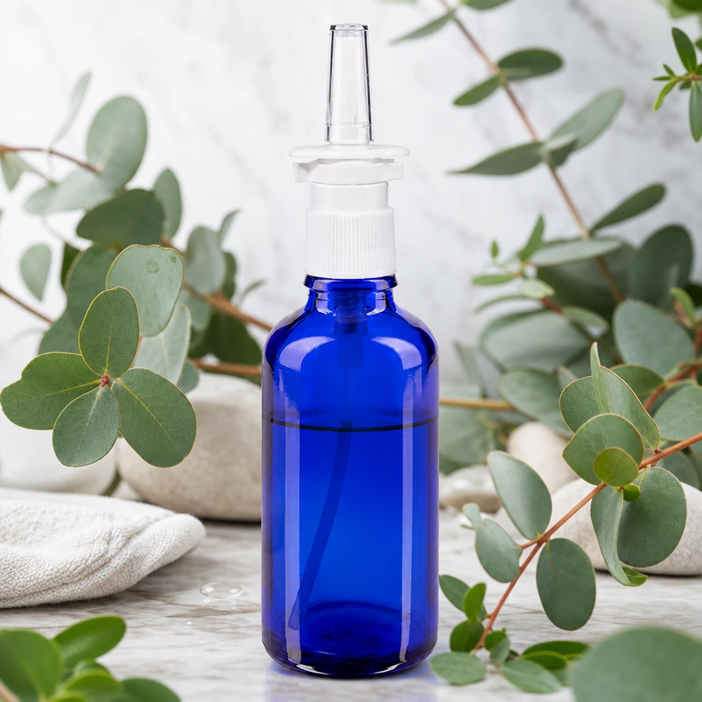 Flacone blu da 50 ml per spray nasale in vetro da farmacia con decorazione a tema eucalipto in stile spa