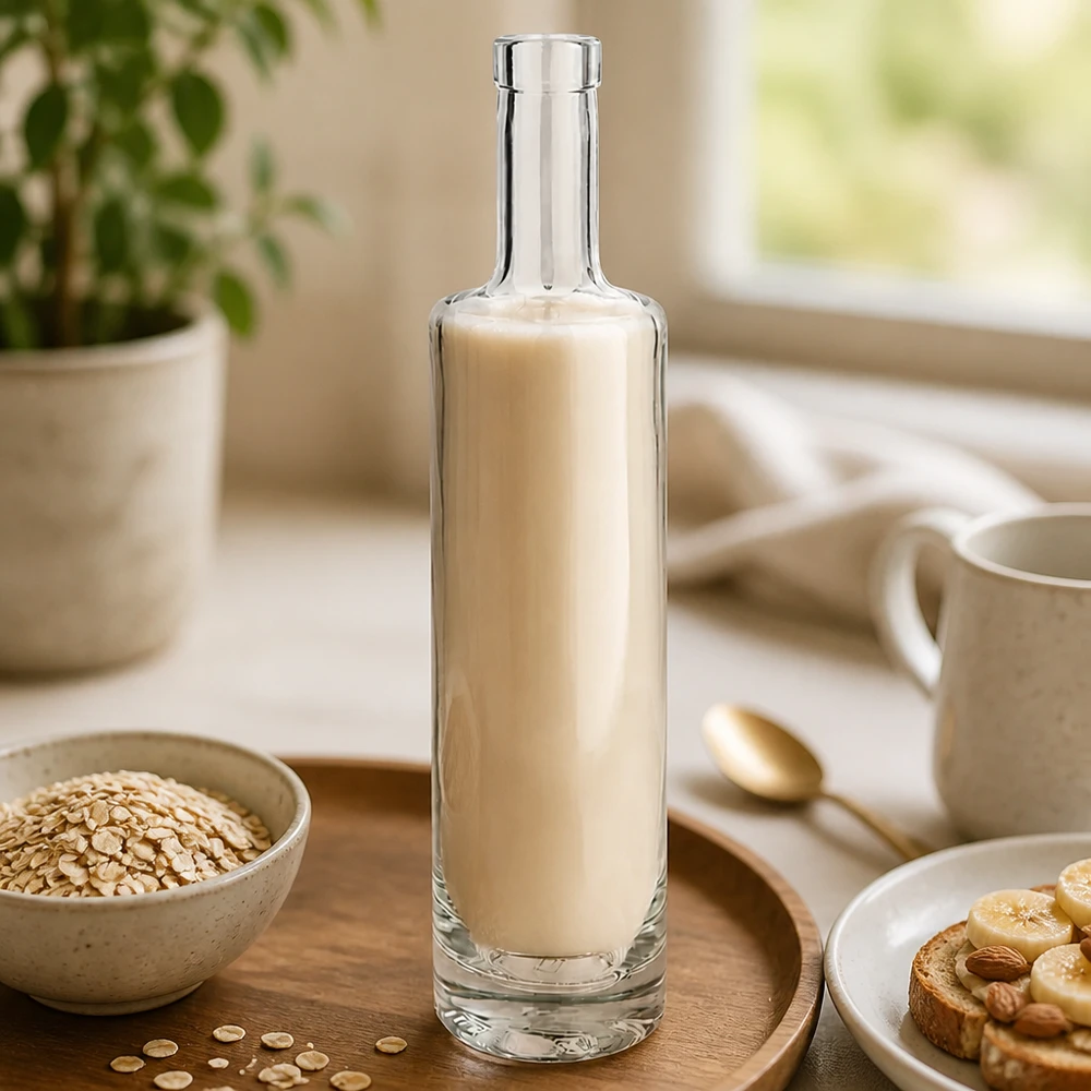 Bottiglia in vetro da 500 ml Lina senza tappo UNiTWIST® Bottiglia di vetro da 500 ml di Lina riempita di latte d'avena in un elegante ambiente di cucina con fiocchi d'avena e immagine della colazione 3