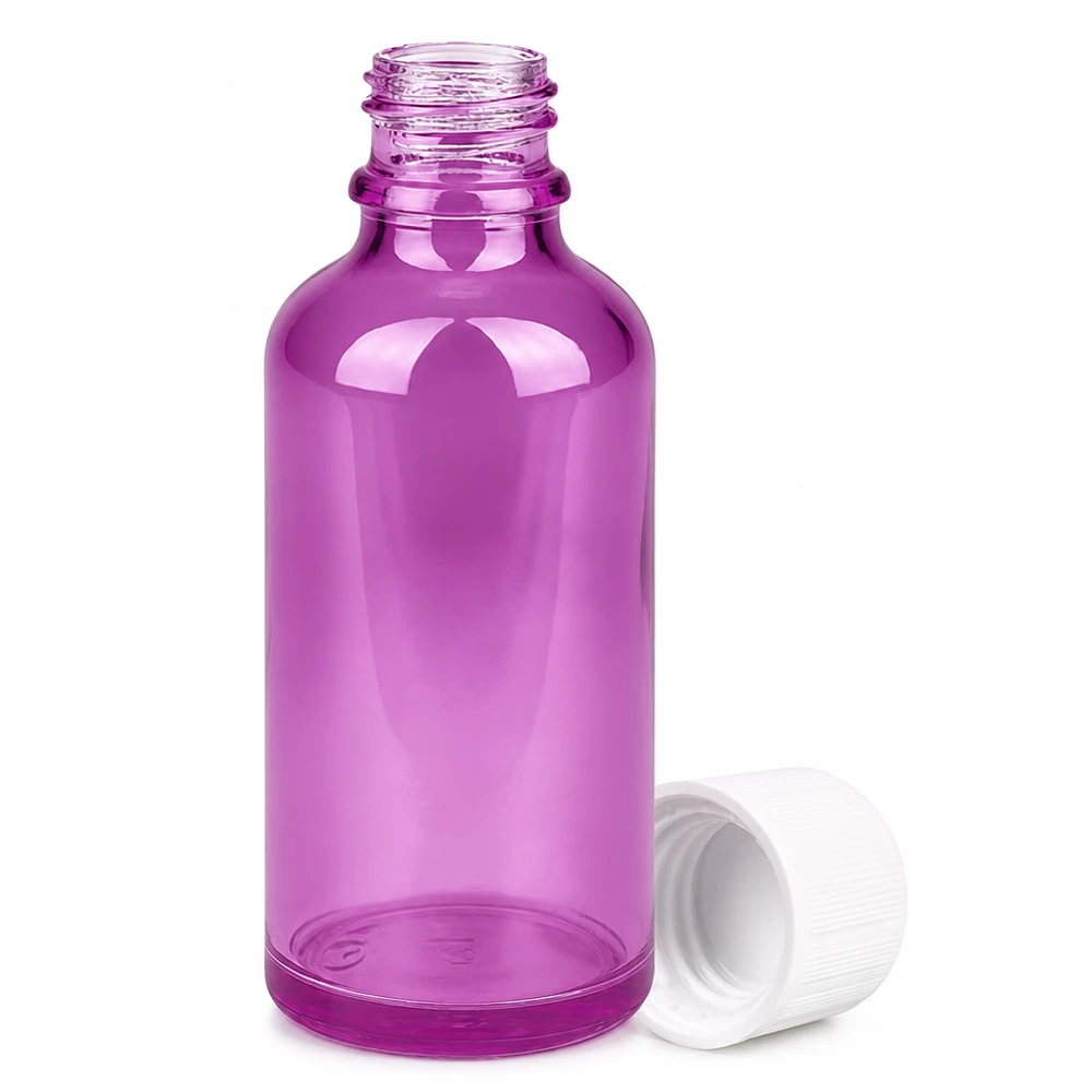 Flacone da 50ml tappo a vite 11mm bianco standard a prova di bambino PurpleLine UT18/50 Flacone in vetro trasparente viola da 50 ml con collo da 11 mm per tinture e preparazioni liquide