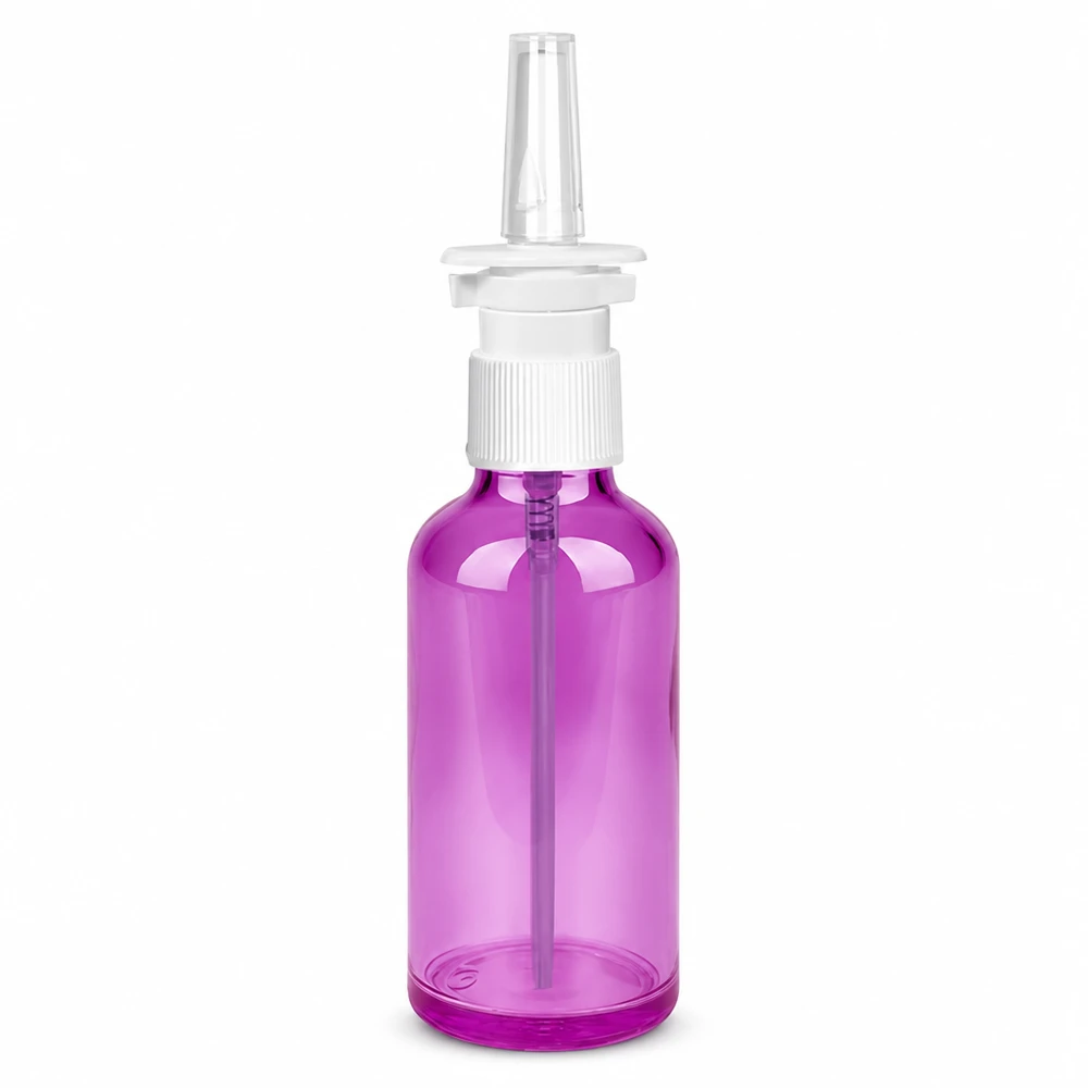 Flacone spray nasale da 50 ml bianco/trasparente standard PurpleLine. UT18/50 Flacone spray nasale rotondo da 50 ml di colore viola con tappo a vite bianco e testina spray