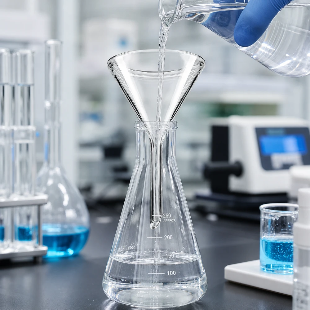 Imbuto Ø 45 mm per calce sodata, angolo 60°, stile corto Imbuto di precisione in vetro di 45 mm di diametro con angolo di 60 gradi per lavori di laboratorio e analisi