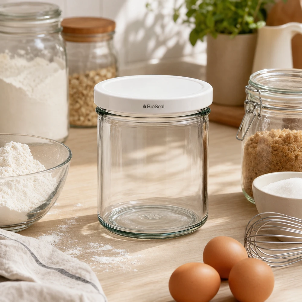 UNiTWIST Lintel167 con coperchio bianco TO66 BioSeal UNiTWIST 167ml tumbler vuoti cucina scena cottura ingredienti farina uova bianco TO66 BioSeal coperchio conservazione alimenti