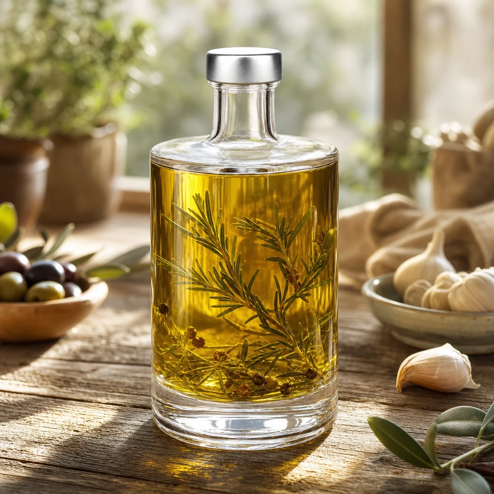 Bottiglia in vetro da 500 ml Sam e tappo a vite argento UNiTWIST® Bottiglia di vetro da 500ml Sam riempita con olio alle erbe rosmarino tra olive aglio cucina mediterranea scenario
