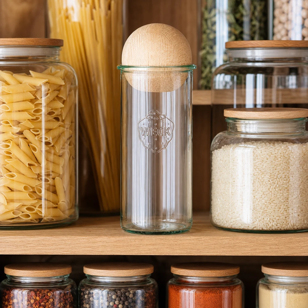 WECK RR100 tumbler 1500ml in dispensa accanto a pasta e riso, coperchio a sfera in legno di faggio a vista